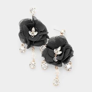 NEW Black Mesh Fabric Floral Crystal Earrings Y2K Fashion